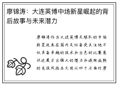 廖锦涛：大连英博中场新星崛起的背后故事与未来潜力