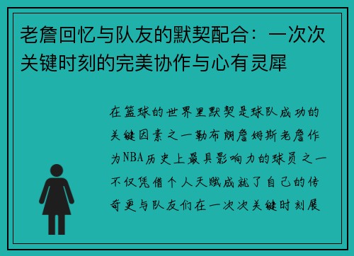老詹回忆与队友的默契配合：一次次关键时刻的完美协作与心有灵犀