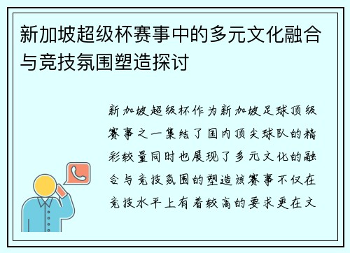 新加坡超级杯赛事中的多元文化融合与竞技氛围塑造探讨