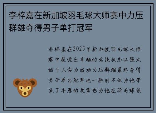 李梓嘉在新加坡羽毛球大师赛中力压群雄夺得男子单打冠军